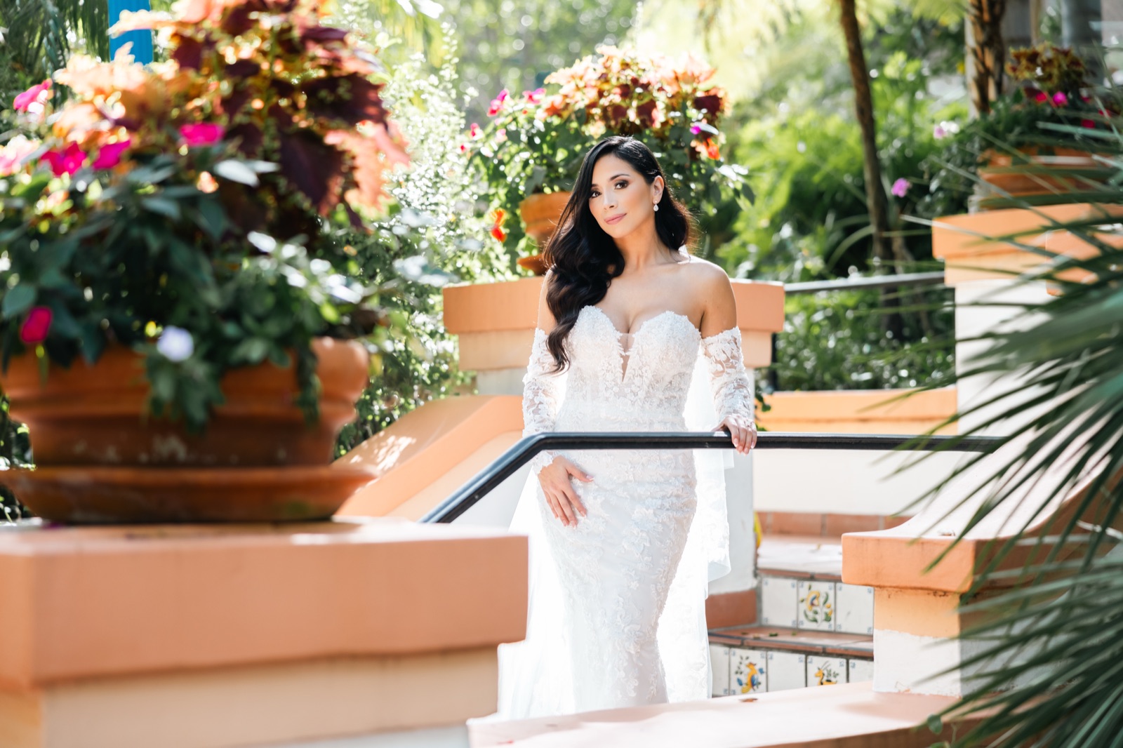 Michelle bridal portrait on balcony with veil at Rancho Las Lomas