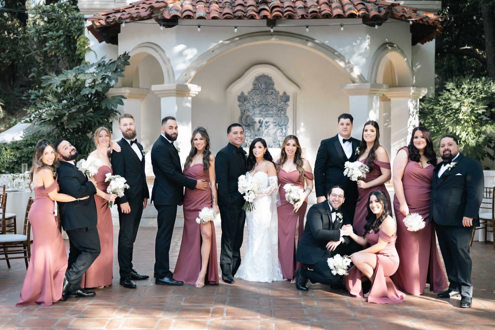 Full bridal party group photo at Rancho Las Lomas gazebo