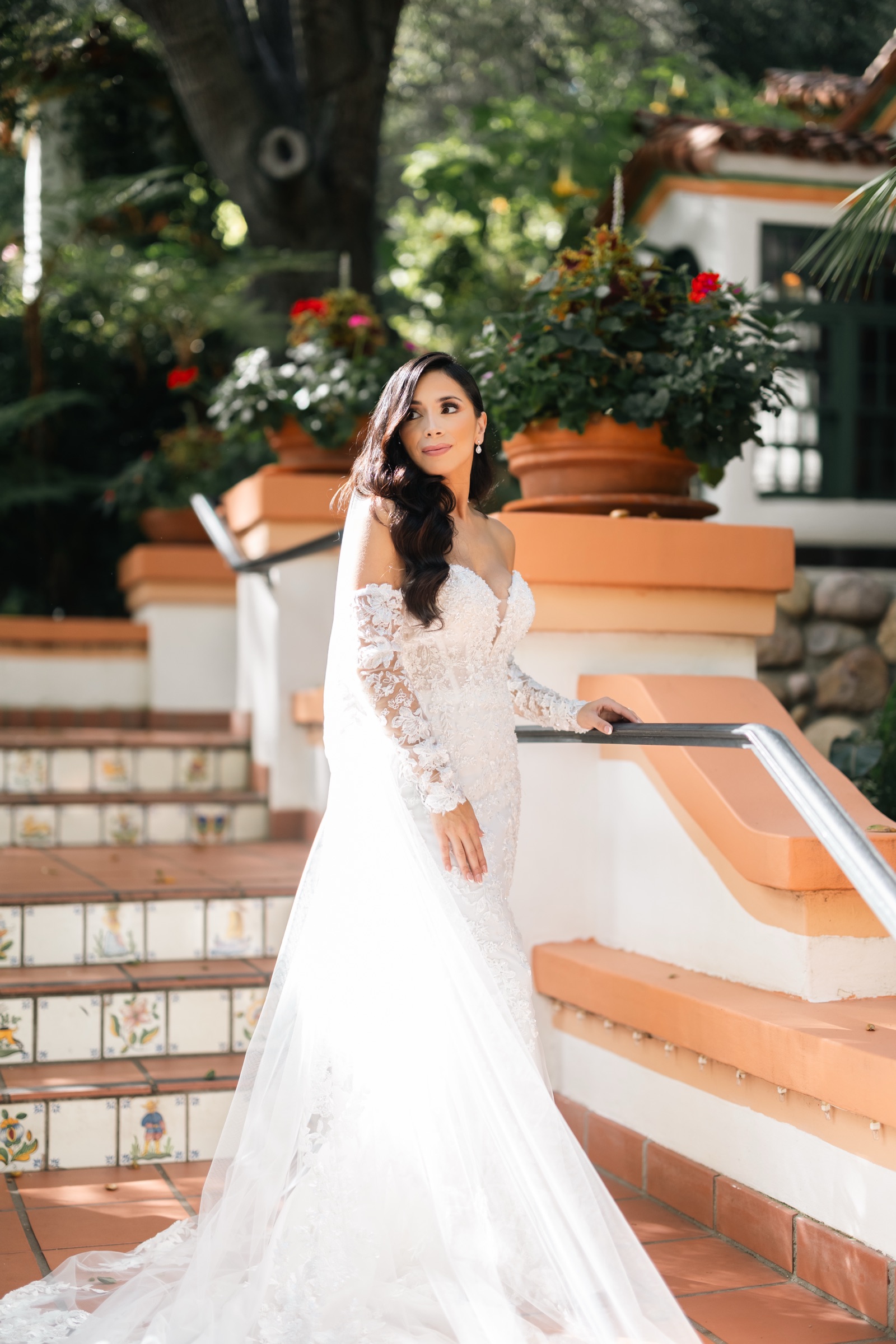 Bridal portrait of Michelle on the staircase at Rancho Las Lomas