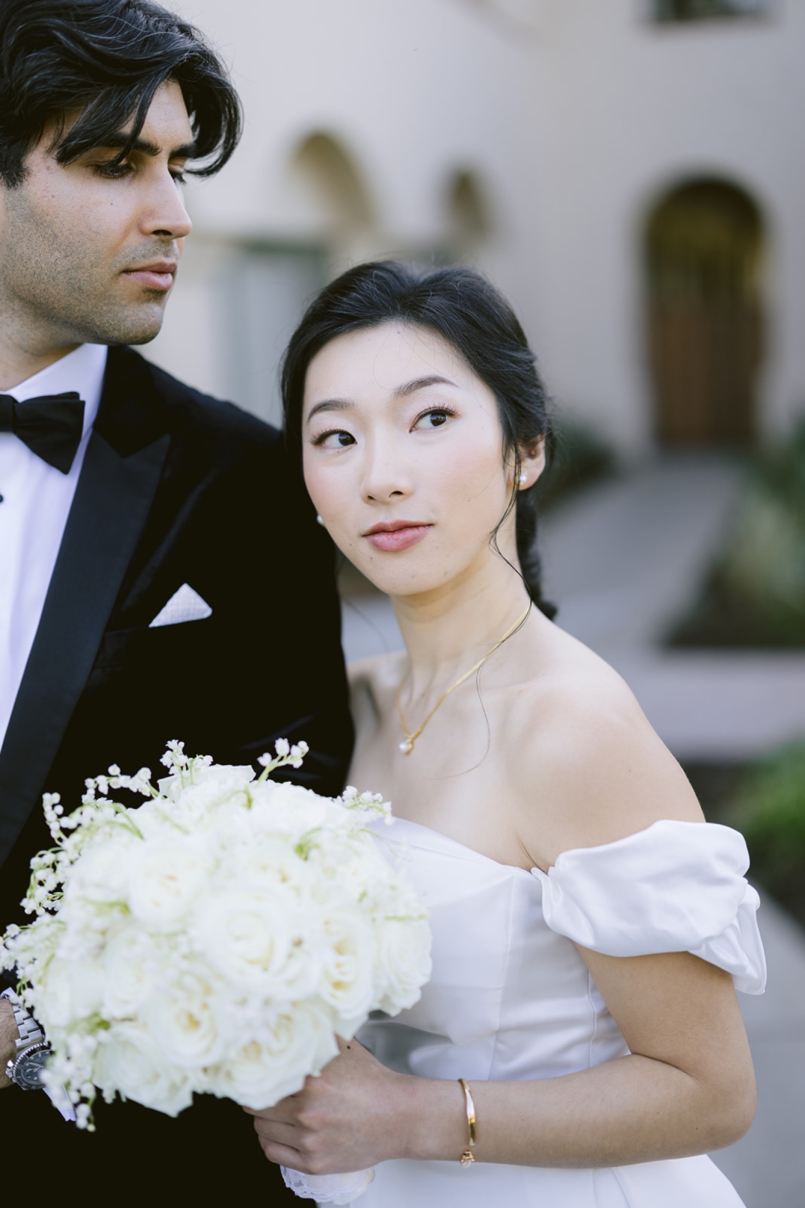Bride and groom portrait on the walkway at South Hills